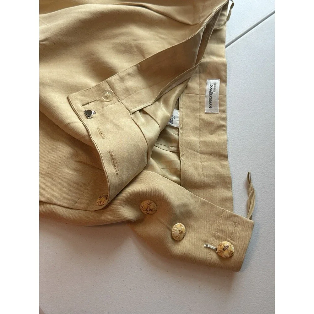 VTG Dana Buchman 100% Silk Midi Pencil Skirt Tan Yellow Mock Wrap Button Size 10